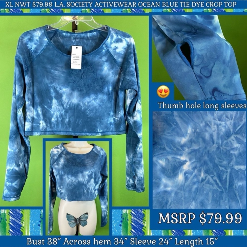 NEW $79.99 XL LA SOCIETY ACTIVE WEAR BLUE CROP TOP TIE DYE LONG SLEEVE&THUMBHOLE